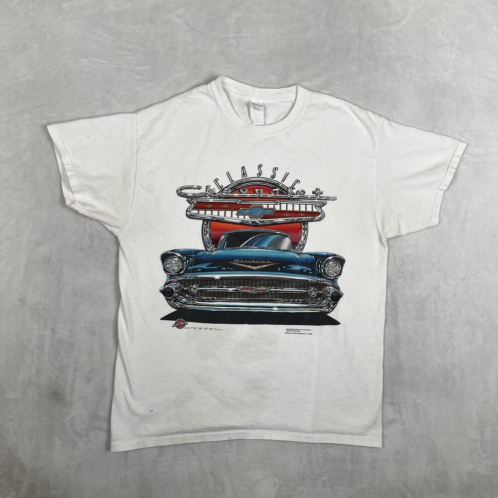 Vintage Classic Chevrolet 57 Bel Air Shirt Mens Large White Gildan 90s